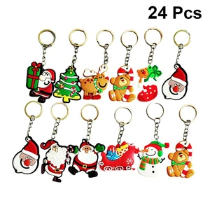 24Pcs Christmas Themed Key Rings Cartoon Pattern Santa Claus Pendant Key Chains Party Favors (Random Pattern)