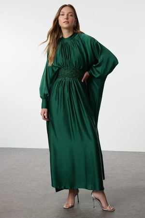 Trendyol Dark Green Satin Woven Stone Detailed Evening Dress