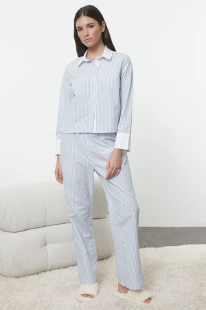 Trendyol Blue Cotton Striped Woven Pajama Set