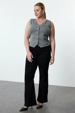 Trendyol Curve Gray Striped V Neck Knitted Plus Size Vest