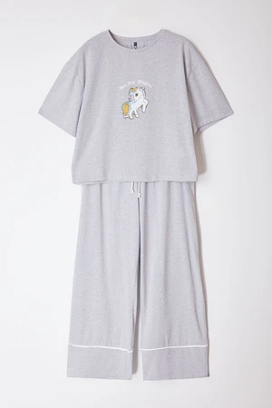 Trendyol Curve Grey Printed Wide Leg Crop Boy Knitted Pajama Set