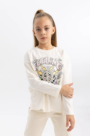 DEFACTO Girl's Oversize Fit Printed Crew Neck Long Sleeve T-Shirt