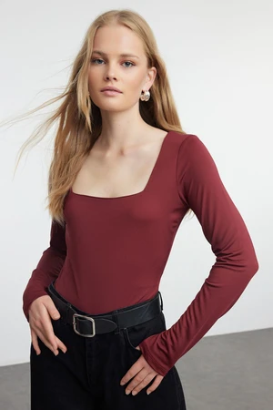 Trendyol Claret Red Fitted/Fits the Body Square Neck Long Sleeve Snap-Front Flexible Knitted Bodysuit