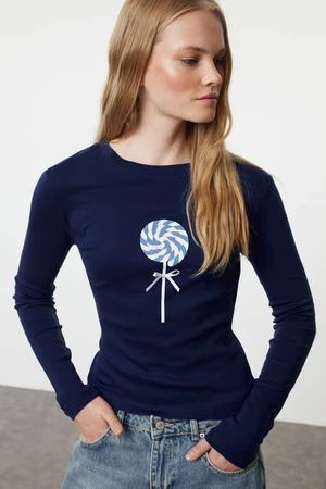 Trendyol Navy Blue Print and Bow Detailed Fitted Knitted Blouse