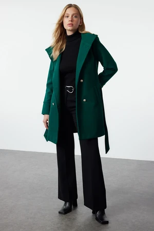 Trendyol Dark Green Belted Gold Button Detailed Soft Textured Cashmere Coat