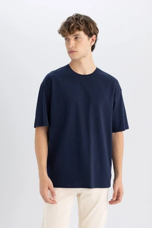 DEFACTO Men's Navy Blue Boxy Fit Wide Cut Crew Neck Cotton Short Sleeve Basic T-Shirt