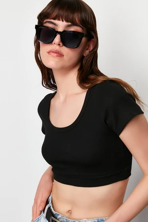 Trendyol Black Pool Neck Short Sleeve Ribbed Stretchy Knitted Blouse