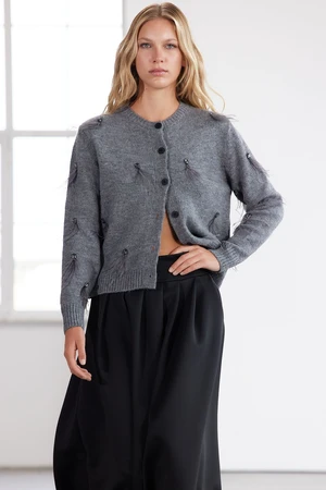 Trendyol Limited Edition Anthracite Soft Texture Stone and Feather Detailed Knitwear Cardigan