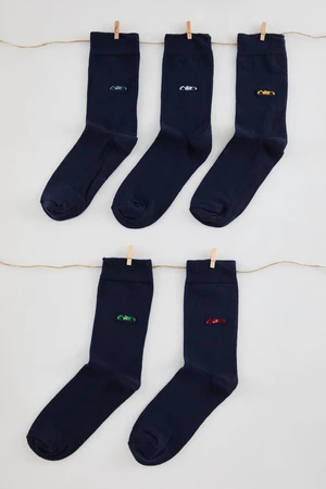 Trendyol Navy Blue Unisex 5-Pack Car Embroidered Cotton Socks-Long Length Socks