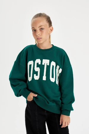 DEFACTO Girl Green Oversize Fit Wide Pattern Crew Neck Printed School Sweatshirt