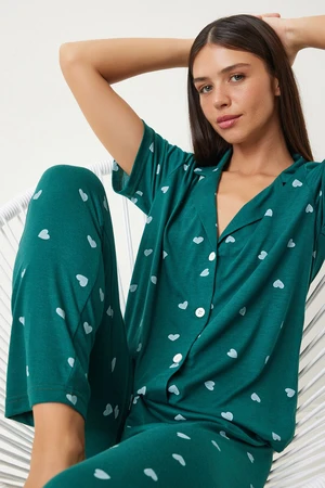 Happiness İstanbul Women's Dark Green Heart-shaped Shirt Trousers Pajama Set