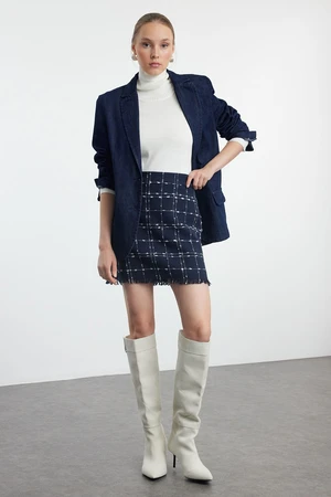 Trendyol Navy Blue Plaid Tweed Fabric Mini Woven Skirt