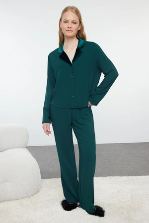 Trendyol Emerald Green Velvet Collar Detailed Viscose Woven Pajama Set