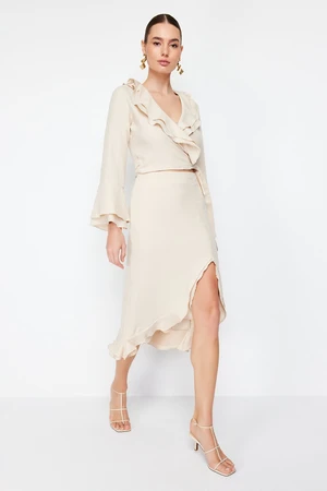 Trendyol Beige Skirt Ruffled Slit Detailed Aerobin Fabric Midi Length Woven Skirt