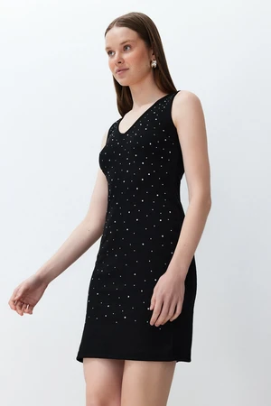 Trendyol Black Stone Detailed Bodycone/Fitting V-Neck Mini Flexible Knitted Pencil Dress