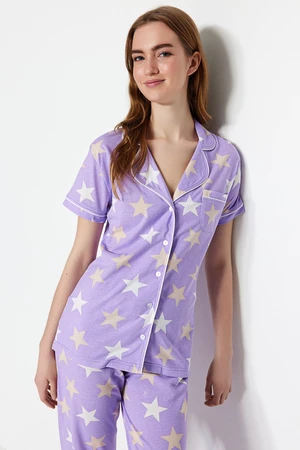 Trendyol Lilac Cotton Starry Shirt-Pants Knitted Pajamas Set