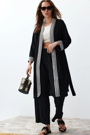 Trendyol Black Embroidery Detailed Kimono Trousers Woven Bottom-Top Set