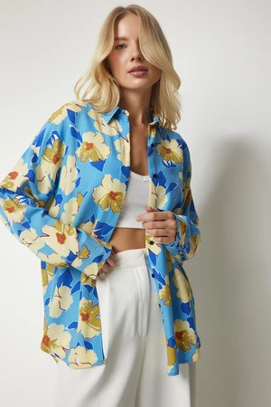 Happiness İstanbul Women's Blue Yellow Patterned Oversized Flowy Viscose Shirt