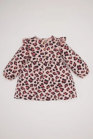 DEFACTO Baby Girl Leopard Print Crew Neck Button Long Sleeve Dress