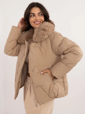 Brown down winter jacket with hood