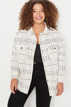 Trendyol Curve White Tweed Long Sleeve Winter Woven Plus Size Shirt/Jacket