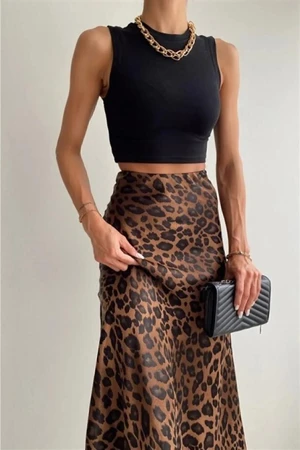 68223 Dewberry Leopard Pattern Satin Midi Length Skirt-BLACK-BROWN