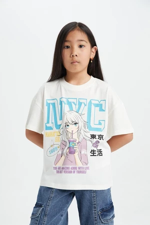 DEFACTO Girl's Oversize Fit Crew Neck Printed Short Sleeve T-Shirt