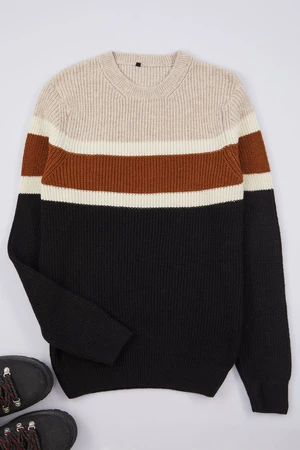 Trendyol Black Slim Woolen Crew Neck Color Block Knitwear Sweater