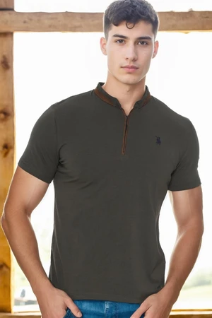 T8571 DEWBERRY ZIPPER MEN'S T-SHIRT-KHAKI-1