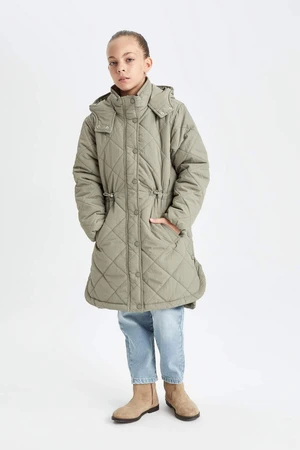 DEFACTO Girl Water Repellent Hooded Zippered Snap Pocket Long Coat Parka