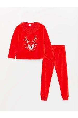 LC Waikiki Lcw Crew Neck Christmas Themed Long Sleeve Velvet Girl's Pajamas Set