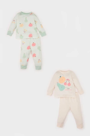 DEFACTO Baby Girl 4-Piece Pajama Set Fruit Patterned Combed Cotton Long Sleeve Top Long Bottom