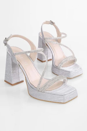 Shoeberry Women's Luca Silver Glittered Stone Platform Heeled Shoes