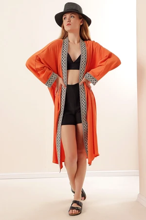 Bigdart 5865 Knitted Long Kimono with Embroidery - Orange