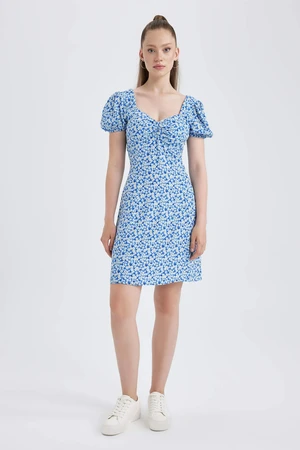 DEFACTO Heart Collar Floral Balloon Sleeves Mini Short Sleeve Woven Dress