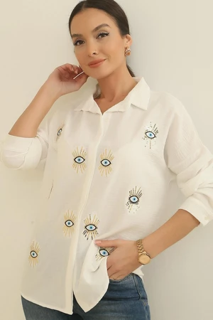 By Saygı Eye Pattern Oversized Crepe Linen Shirt With Sequin Embroidery.