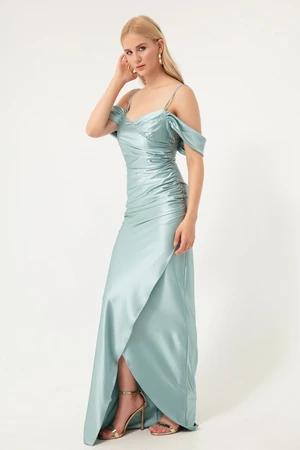 Lafaba Women's Turquoise Evening Dress with Thin Straps, Double Breasted Collar and Slits.