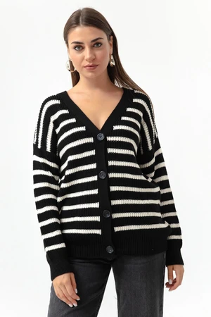 Lafaba Women's Black Striped Button Detailed Knitwear Cardigan