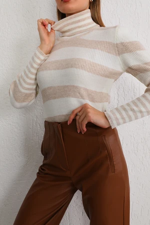 BİKELİFE Women's Beige Striped Soft Textured Lycra Basic Knitwear Sweater