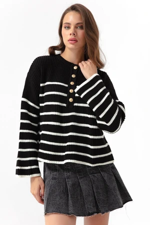 Lafaba Women's Black Striped Gold Button Detailed Knitwear Sweater