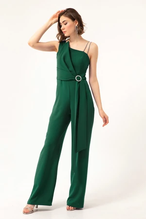 Lafaba Women's Emerald Green One-Shoulder With Stones Evening Dress Jumpsuit