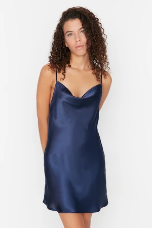 Trendyol Navy Blue Degajee Collar Back Detailed Satin Woven Nightgown