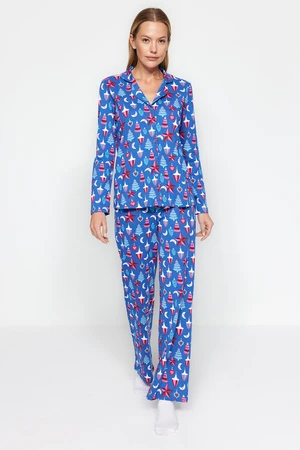 Trendyol Blue 100% Cotton Christmas Themed Knitted Pajama Set