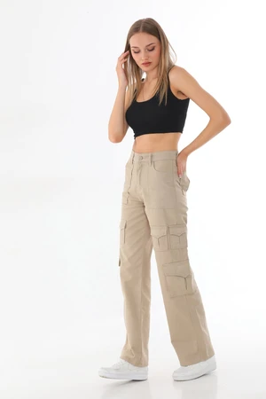 BİKELİFE Women's Beige High Waist Multi Pocket Straight Fit Cargo Pants