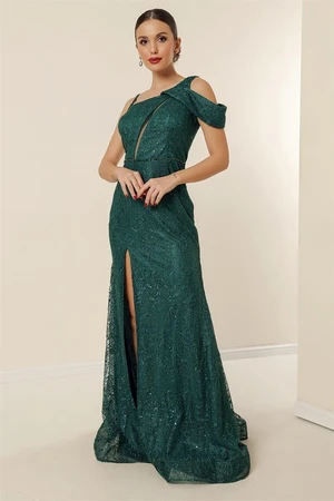 By Saygı One-Sided Thread Straps Waist Beaded Lined Embroidered Sequins Embroidered Long Mermaid Dress with a Slit in the Front Emerald.