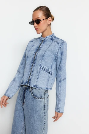 Trendyol Blue Biker Denim Jacket with Stitching Detail