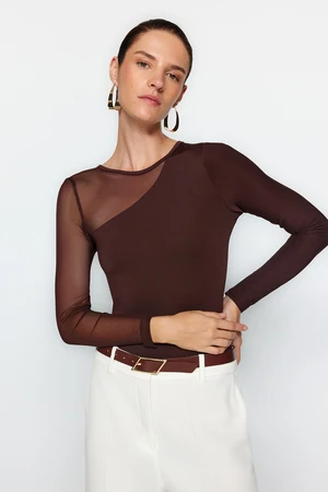 Trendyol Brown Tulle Detailed Knitted Body with Snap fastener