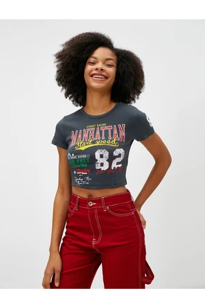 Koton Crop T-Shirt Printed Short Sleeve Crew Neck Cotton