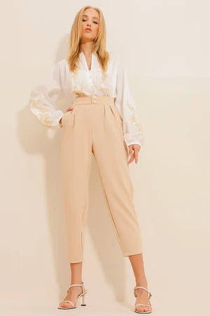 Trend Alaçatı Stili Women's Beige High Waist Carrot Pants