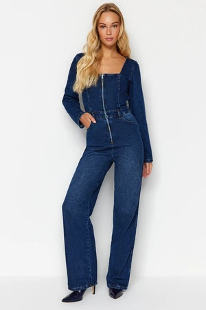 Trendyol Dark Blue Square Collar Zippered Denim Overalls